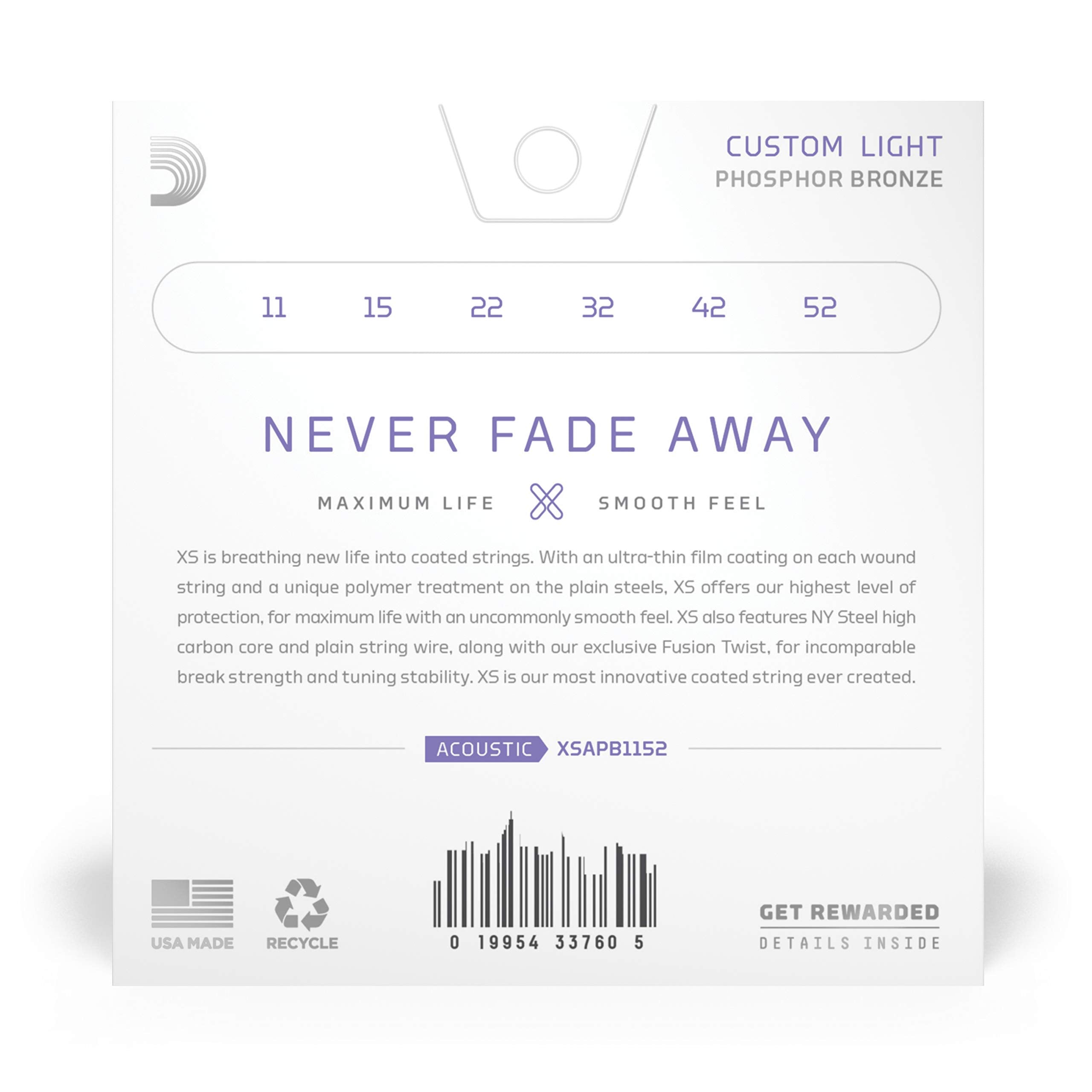 D'Addario Guitar Strings - XS Phosphor Bronze Coated Acoustic Guitar Strings - XSAPB1152 - Maximum Life with Smooth Feel & Excep